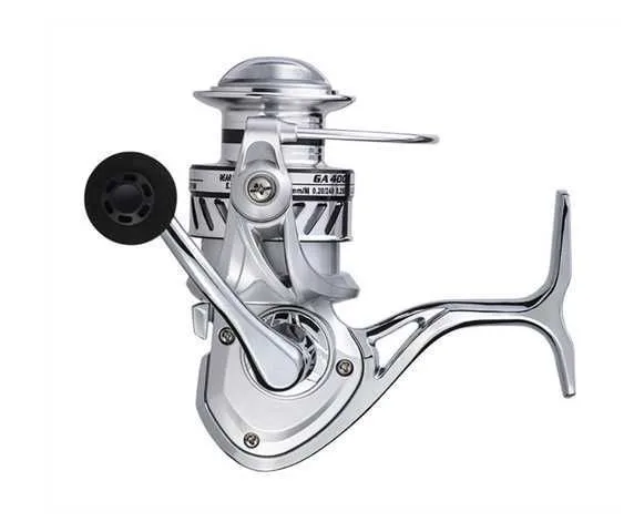 CARRETE GA 4000 FISHING REEL - PIE Y BRAZO METÁLICO - PLATEADO CON NEGRO
